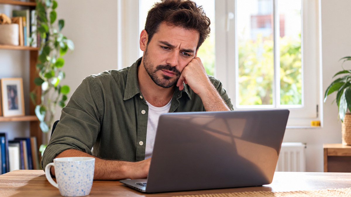 Hombre mirando el portátil con gesto de duda en la mesa de su casa