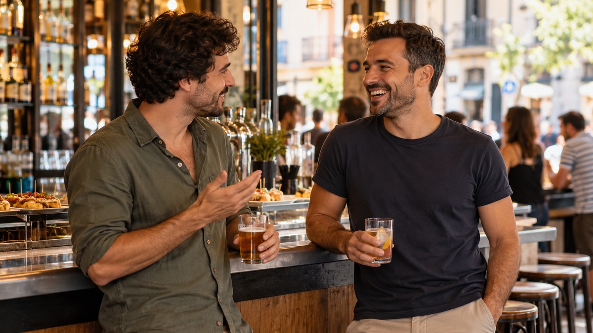 Dos hombres riéndose mientras hablan apoyados en la barra de un bar