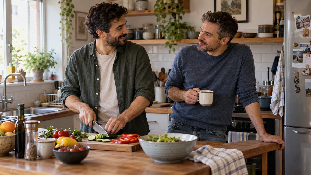 Pareja de hombres cocinando y charlando juntos en la cocina de casa