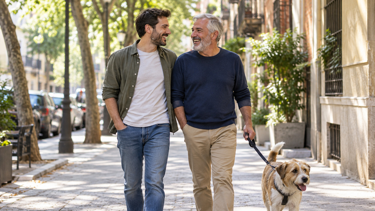 Pareja de hombres con diferencia de edad paseando a su perro
