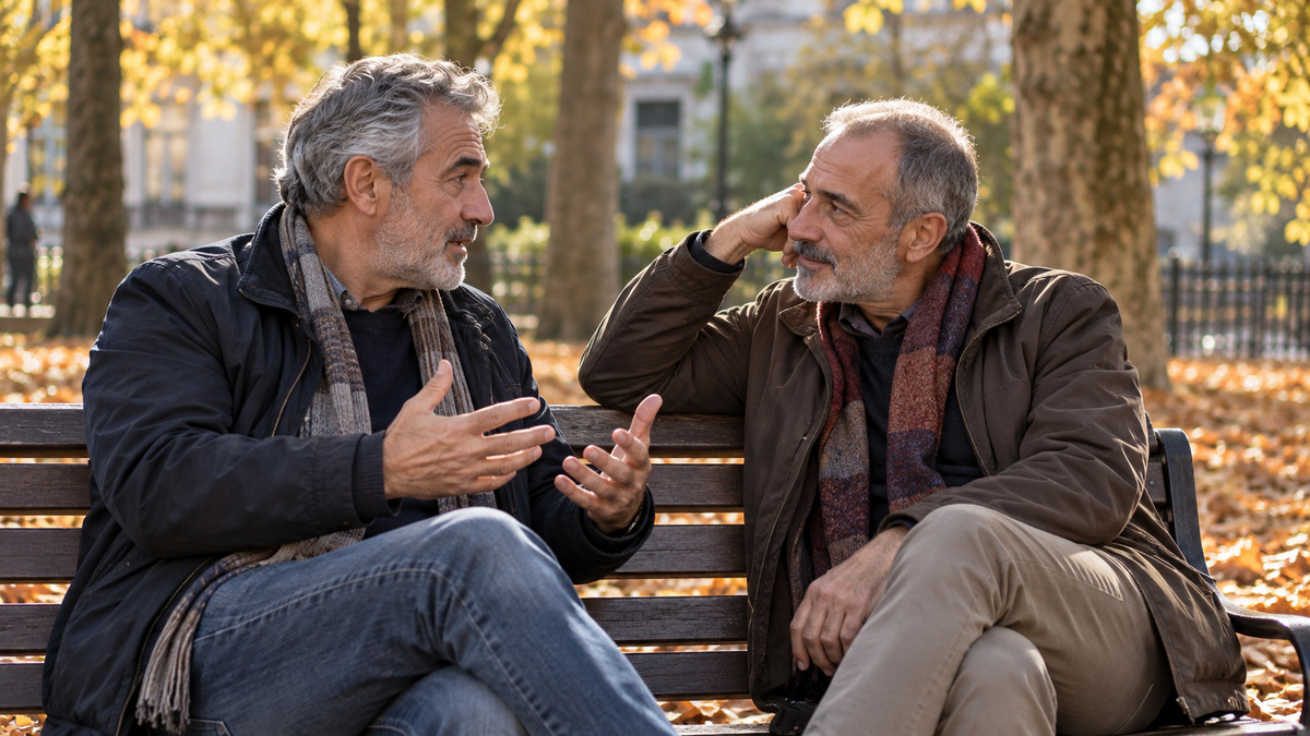 Dos hombres de unos sesenta años conversando en un banco de un parque en otoño