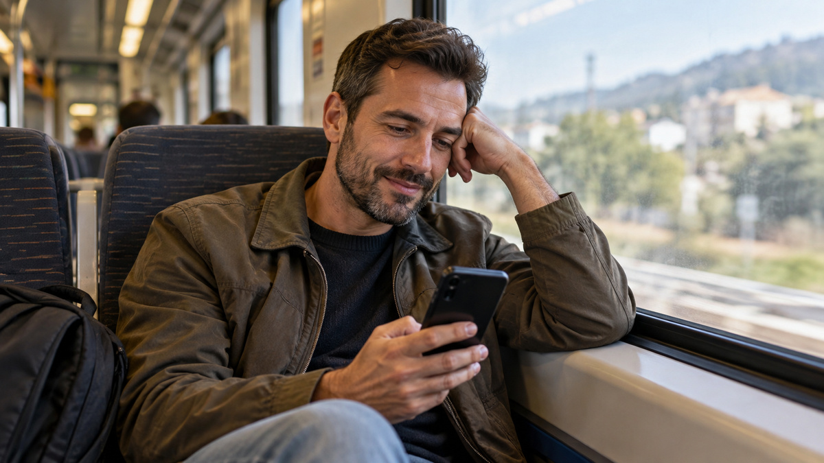 Hombre de unos cuarenta años mirando el móvil junto a la ventanilla de un tren