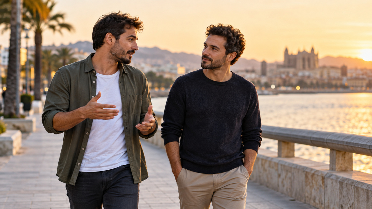 Dos hombres paseando y conversando junto al río al atardecer