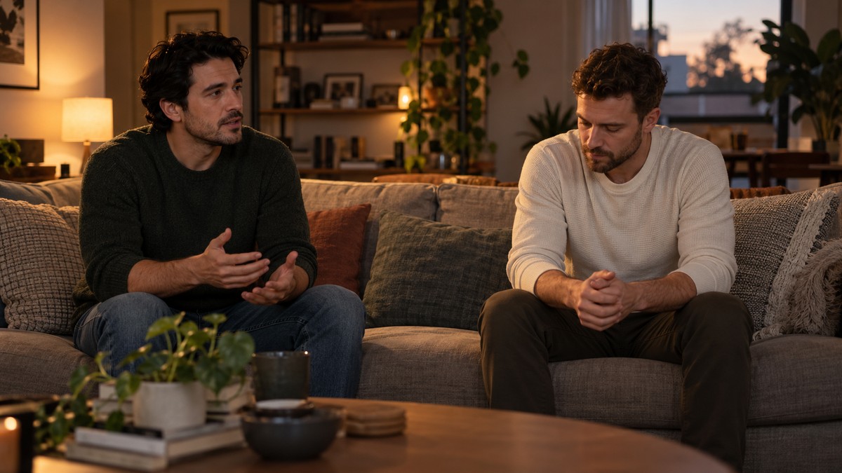 Dos hombres sentados en los extremos de un sofá teniendo una conversación seria