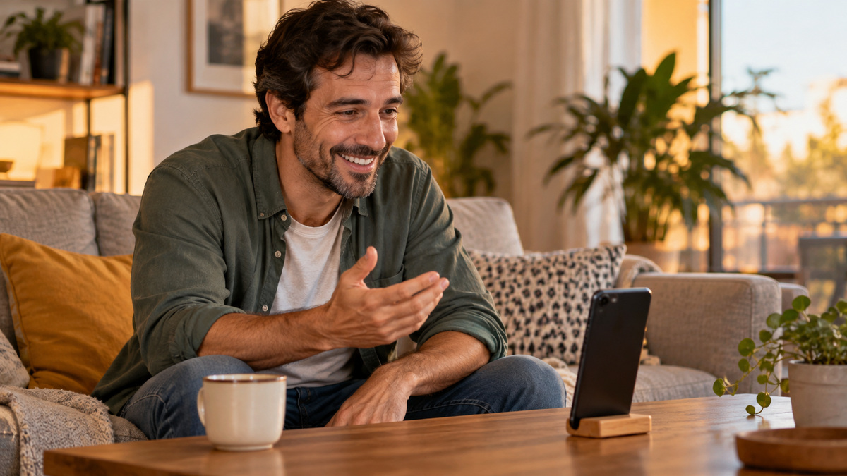 Hombre sonriendo durante una videollamada en el salón de su casa