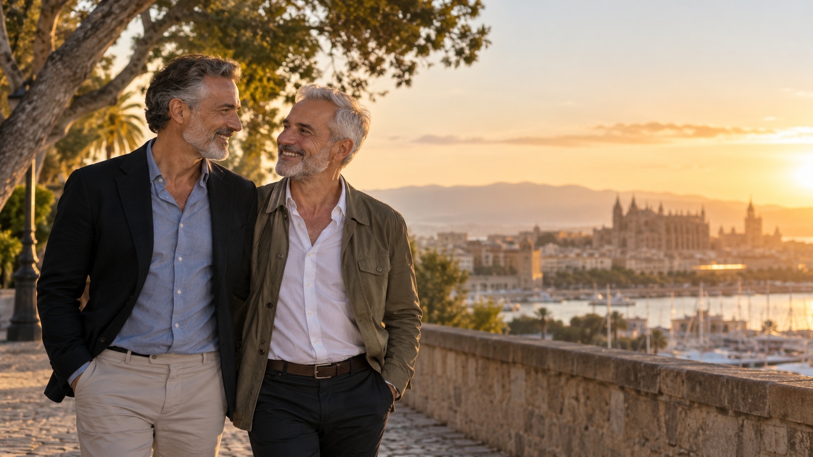 Dos hombres gays maduros paseando y riendo juntos al atardecer junto al mar
