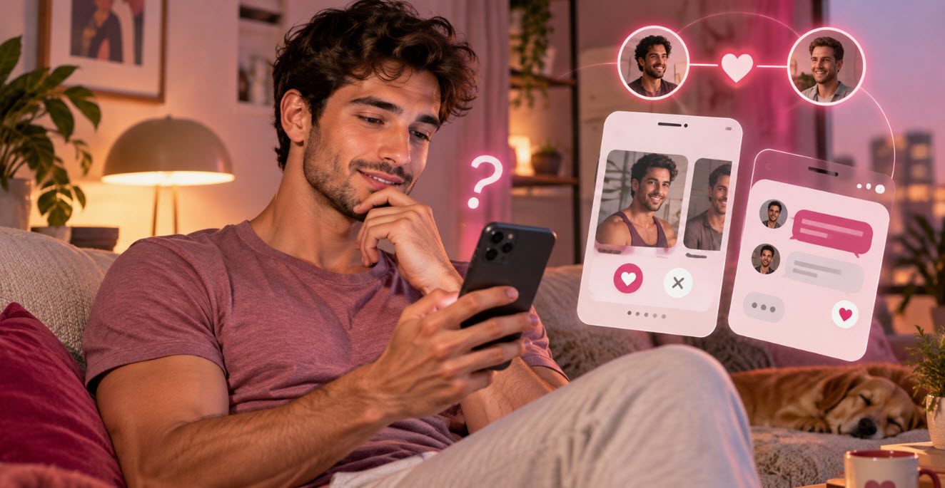 Un hombre usa GayConecta en el móvil desde el sofá, con perfiles y chat en la pantalla