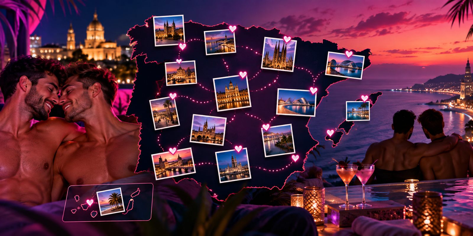 Mapa de España con las principales ciudades iluminadas y parejas gay al atardecer