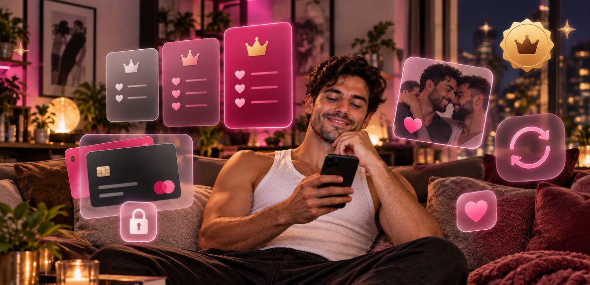 Un hombre elige su plan de GayConecta en el móvil, con opciones VIP, pago con tarjeta y candado de seguridad